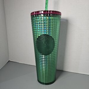 Starbucks 2023 Spring Watermelon Iridescent Grid Green Pink Cup Tumbler 24oz